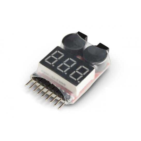 LiPo akkuőr 2-8S akkumulátorhoz LED feszültség kijelzővel, hanggal